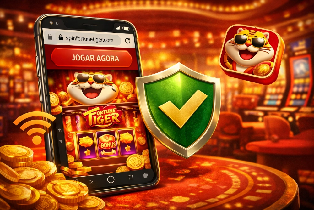 Fortune Tiger no celular com acesso pelo navegador, interface mobile, ícone de aplicativo, escudo de segurança e elementos de cassino em imagem horizontal