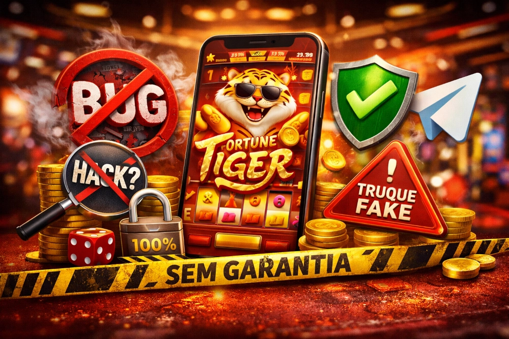 Fortune Tiger em smartphone com alerta de bug desmentido, símbolos de segurança, aviso contra truques falsos e elementos de cassino em imagem horizontal