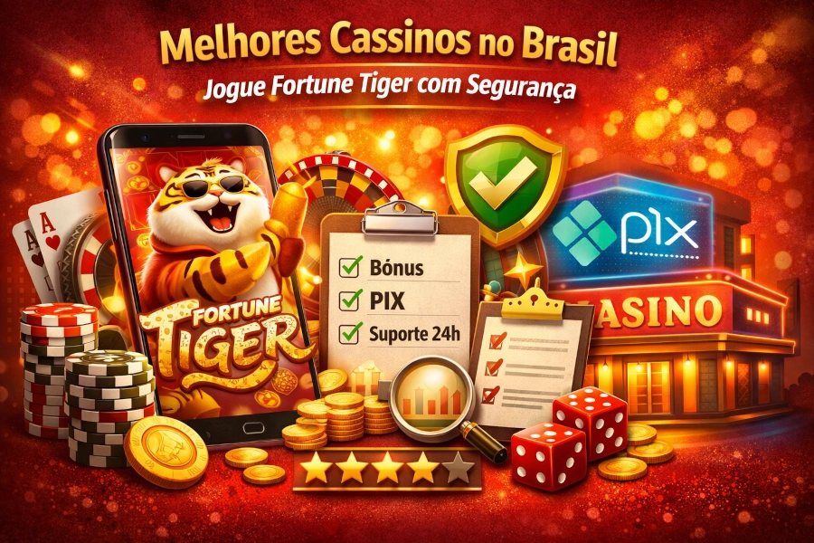 Fortune Tiger em smartphone com elementos de avaliação de cassino, PIX, segurança e ambiente de cassino online em tons vermelhos e dourados