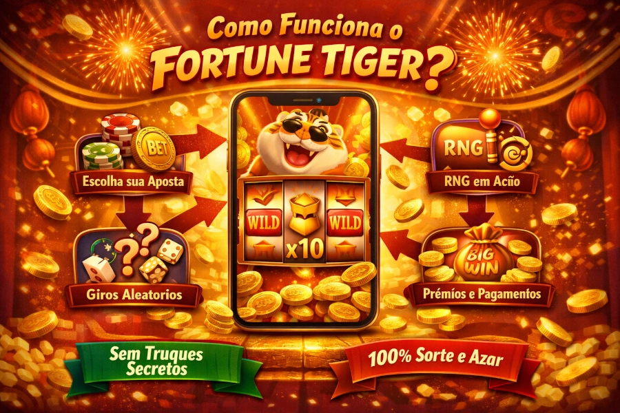 Fortune Tiger em smartphone com etapas da mecânica do jogo, RNG, giros aleatórios e pagamentos em imagem horizontal
