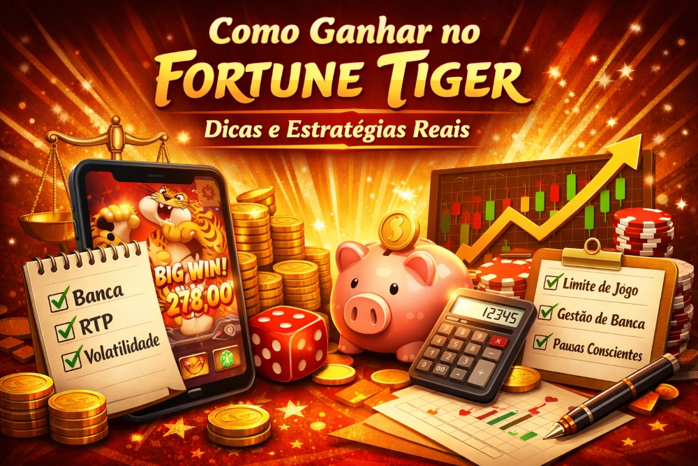 Fortune Tiger com elementos de gestão de banca, RTP, volatilidade e estratégia consciente em imagem horizontal