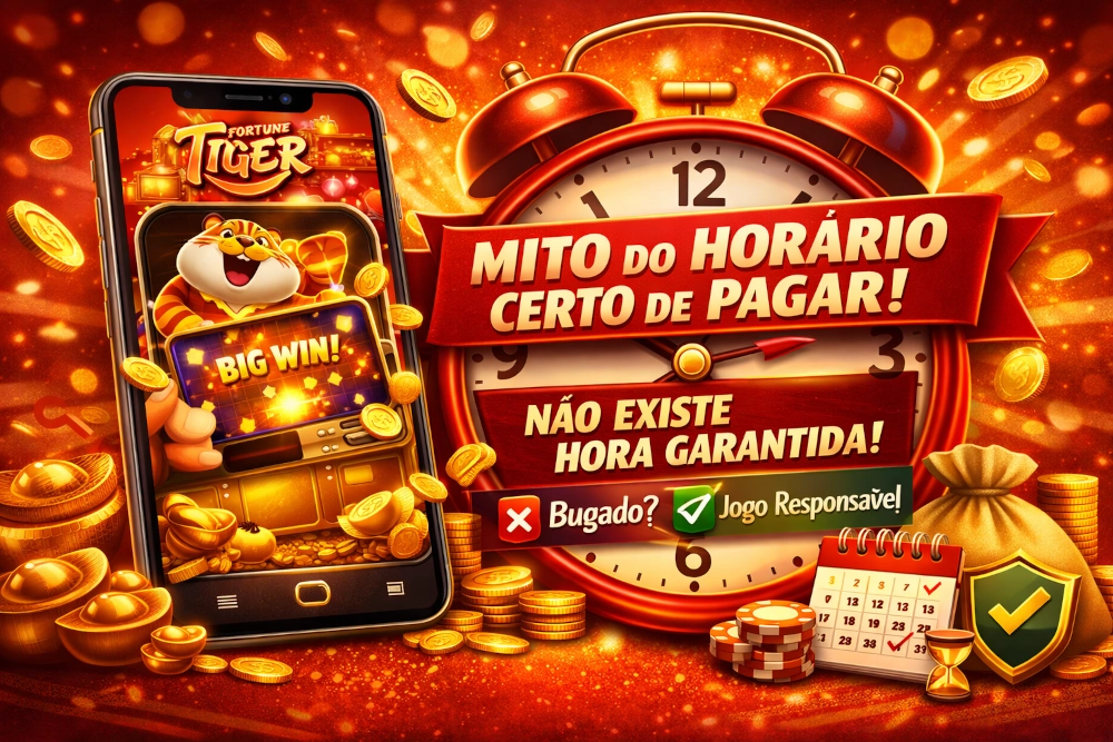 Fortune Tiger em smartphone com relógio, destaque para mito sobre horário de pagamento, elementos de controle de sessão e imagem horizontal em tons vermelhos e dourados