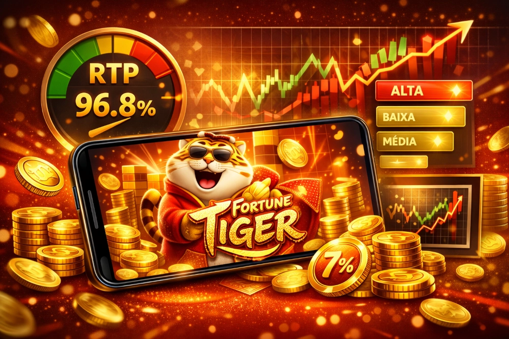 Fortune Tiger na tela de um smartphone com indicadores de RTP, volatilidade, gráfico de oscilação e moedas douradas em fundo vermelho e dourado