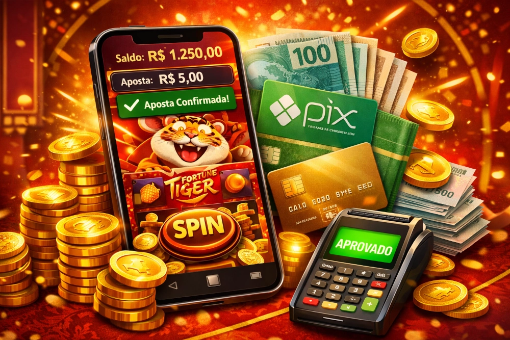 Fortune Tiger na tela de um smartphone com saldo em reais, aposta confirmada, moedas douradas e elementos de pagamento em fundo vermelho e dourado