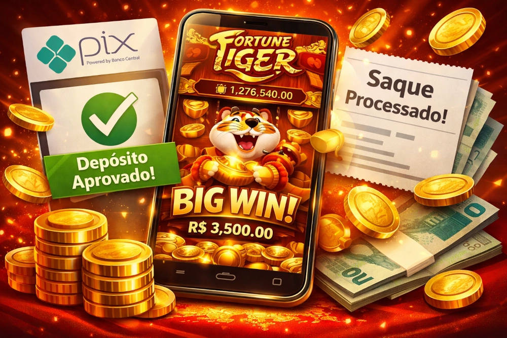 Fortune Tiger na tela de um smartphone com símbolo PIX, depósito aprovado, saque processado e moedas douradas em fundo vermelho e dourado