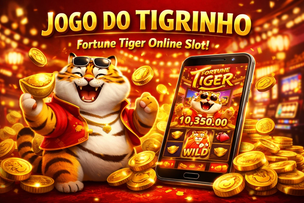 Jogo do Tigrinho em smartphone com interface do Fortune Tiger, moedas douradas e atmosfera de cassino online em fundo vermelho e dourado